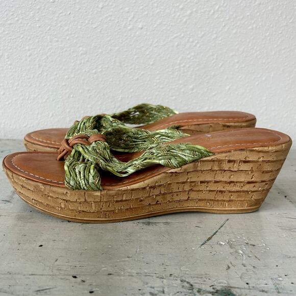 Toscanella leather and fabric platform cork flip flops made in Italy boho sage 7 - Picture 2 of 13